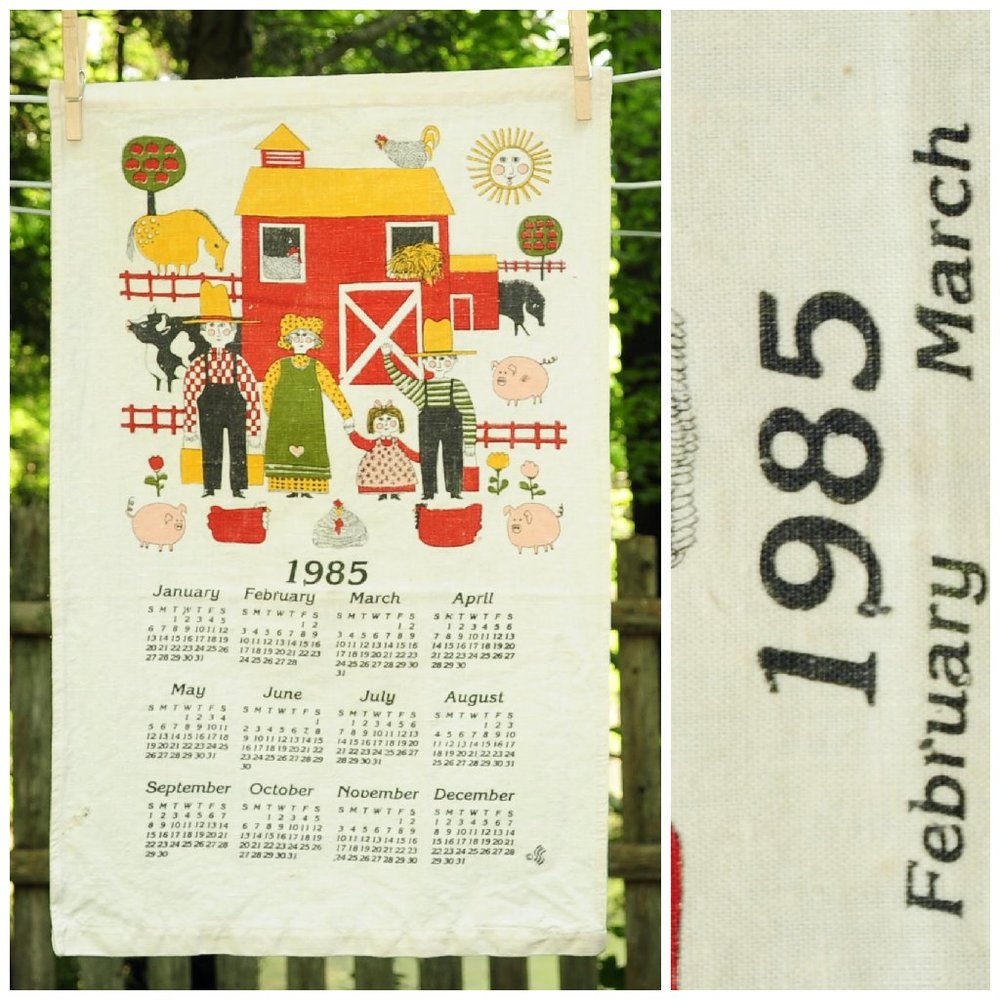 VTG 1985 Calendar Towel Farmer & Family w/ Barn